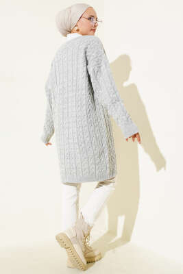 Uzun Düğmeli Örgü Triko Hırka Gri - Triko Hırka