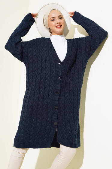 	 Uzun Düğmeli Örgü Triko Hırka Lacivert - Hırka