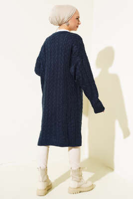 	 Uzun Düğmeli Örgü Triko Hırka Lacivert - Triko Hırka