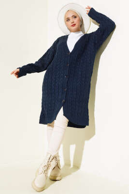 	 Uzun Düğmeli Örgü Triko Hırka Lacivert - Triko Hırka