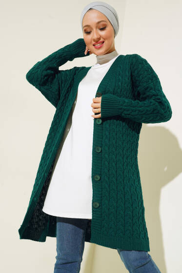 Uzun Düğmeli Örgü Triko Hırka Nefti - Hırka