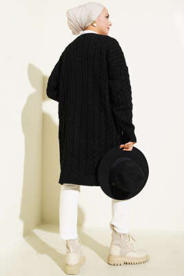Uzun Düğmeli Örgü Triko Hırka Siyah - Triko Hırka