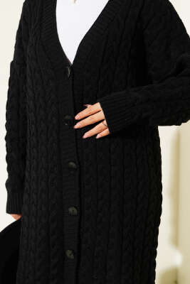 Uzun Düğmeli Örgü Triko Hırka Siyah - Triko Hırka