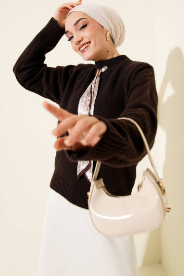 Uzun Fularlı Triko Kazak Acı Kahve - Triko Kazak
