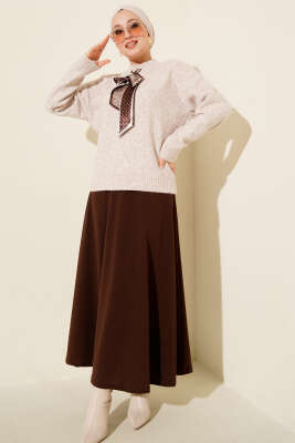 Uzun Fularlı Triko Kazak Bej - Triko Kazak