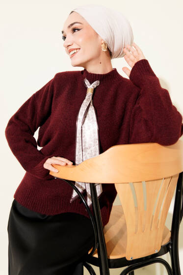 Uzun Fularlı Triko Kazak Bordo - Triko Kazak