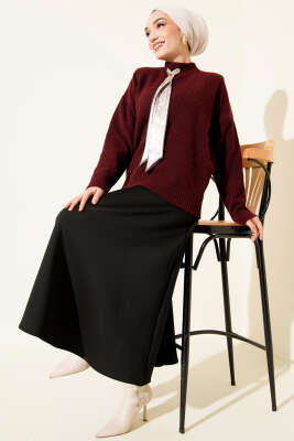 Uzun Fularlı Triko Kazak Bordo - Triko Kazak