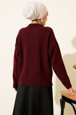 Uzun Fularlı Triko Kazak Bordo - Triko Kazak