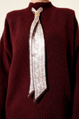 Uzun Fularlı Triko Kazak Bordo - Triko Kazak