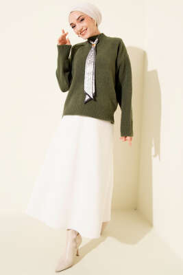 Uzun Fularlı Triko Kazak Haki - Triko Kazak