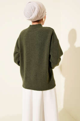 Uzun Fularlı Triko Kazak Haki - Triko Kazak