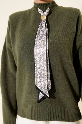 Uzun Fularlı Triko Kazak Haki - Triko Kazak