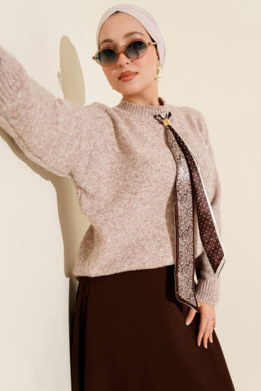 Uzun Fularlı Triko Kazak Kahve - Triko Kazak