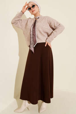 Uzun Fularlı Triko Kazak Kahve - Triko Kazak