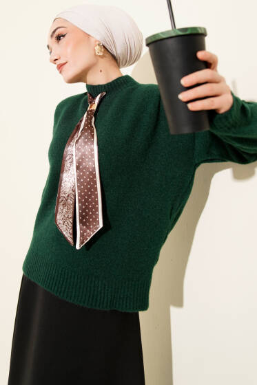 Uzun Fularlı Triko Kazak Zümrüt - Triko Kazak