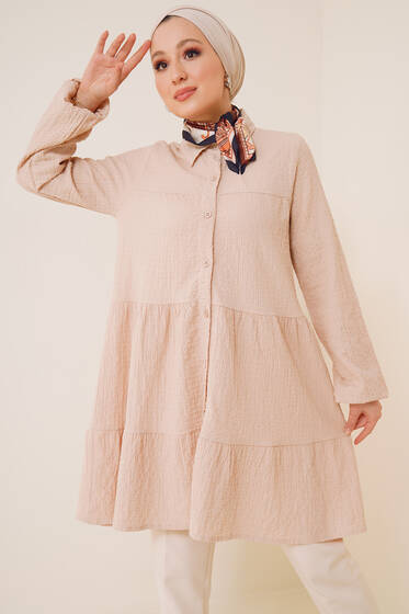 Uzun Gofre Gömlek Bej - Gömlek