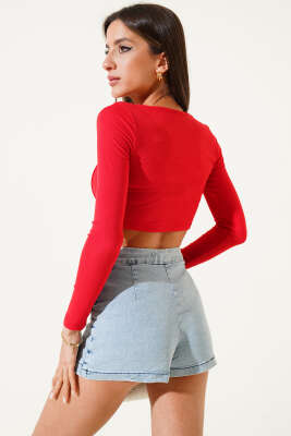 Uzun Kol Biyeli Crop Kırmızı - Kadın Giyim Modelleri