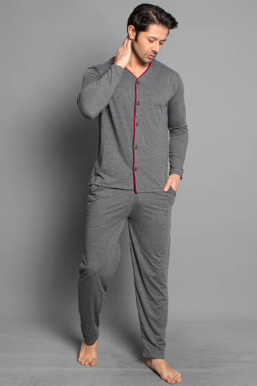 Uzun Kol Boydan Düğmeli Erkek Pijama Takımı Füme Bordo - Pijama