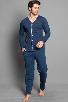 Uzun Kol Boydan Düğmeli Erkek Pijama Takımı İndigo Gri - IŞILAY