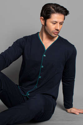 Uzun Kol Boydan Düğmeli Erkek Pijama Takımı Lacivert Yeşil - Kadın Pijama Takımı