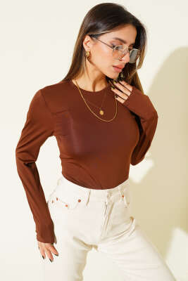 Uzun Kol Çıtçıtlı Body Kahve - Kadın Giyim Modelleri