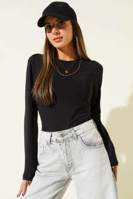 Uzun Kol Çıtçıtlı Body Siyah - Kadın Giyim Modelleri