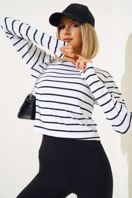 Uzun Kol Çizgili Bluz Beyaz Siyah - DESTİNA