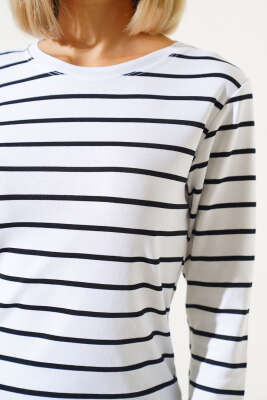 Uzun Kol Çizgili Bluz Beyaz Siyah - Kadın Giyim Modelleri