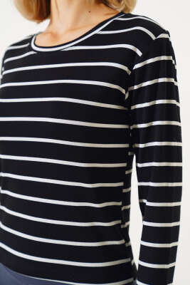 Uzun Kol Çizgili Bluz Siyah - Kadın Giyim Modelleri