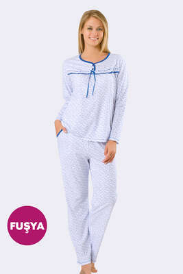 Uzun Kol Dantelli Pijama Takımı Fuşya - Thumbnail