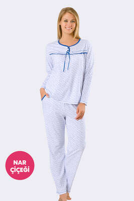 Uzun Kol Dantelli Pijama Takımı Nar Çiçeği - Thumbnail