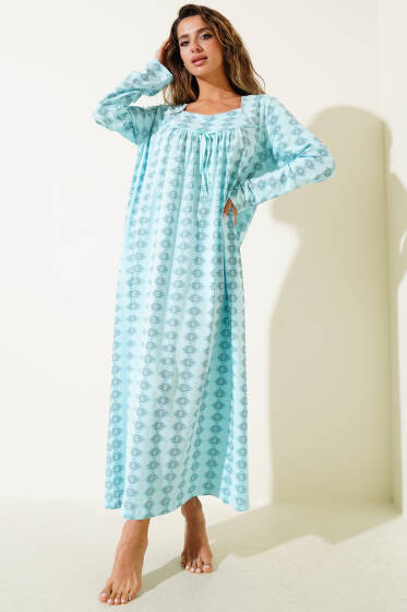 Uzun Kol Desenli Bayan Gecelik Turkuaz - Pijama