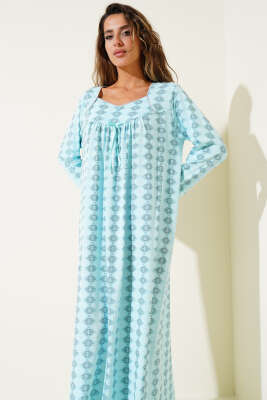 Uzun Kol Desenli Bayan Gecelik Turkuaz - Pijama