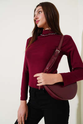 Uzun Kol Dik Yaka Basic Body Bordo - Kadın Giyim Modelleri