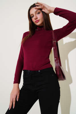 Uzun Kol Dik Yaka Basic Body Bordo 