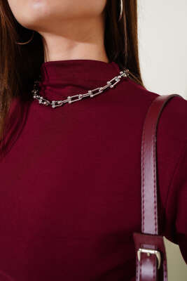 Uzun Kol Dik Yaka Basic Body Bordo - Kadın Giyim Modelleri