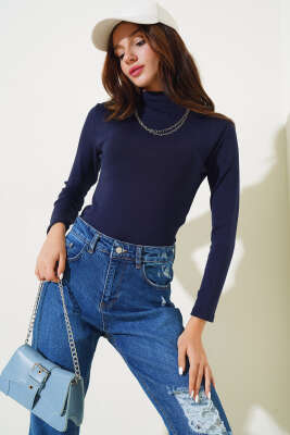 Uzun Kol Dik Yaka Basic Body Lacivert - Kadın Giyim Modelleri