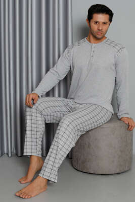 Uzun Kol Ekose Desen Erkek Pijama Takım Gri - Kadın Pijama Takımı