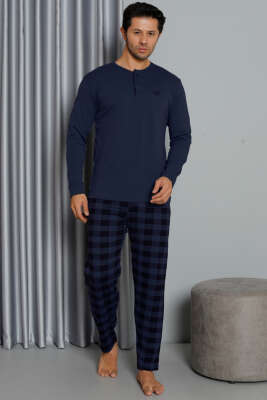 Uzun Kol Ekoseli Düğmeli Erkek Pijama Takımı Lacivert - Kadın Pijama Takımı