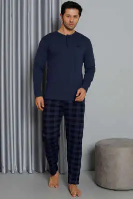 Uzun Kol Ekoseli Düğmeli Erkek Pijama Takımı Lacivert - Pijama