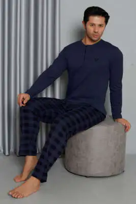 Uzun Kol Ekoseli Düğmeli Erkek Pijama Takımı Lacivert - Pijama