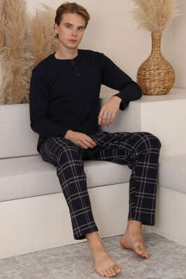 Uzun Kol Ekoseli Erkek Pijama Takımı Lacivert - Pijama