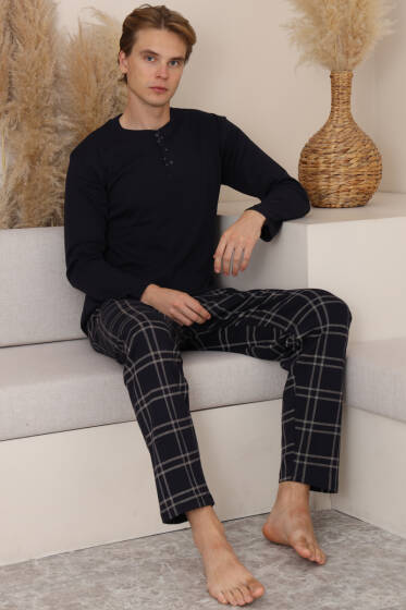 Uzun Kol Ekoseli Erkek Pijama Takımı Lacivert - Pijama
