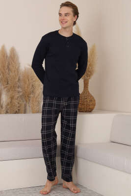 Uzun Kol Ekoseli Erkek Pijama Takımı Lacivert - Pijama