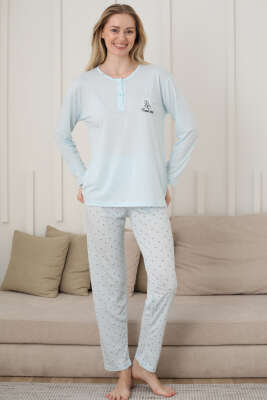 Uzun Kol Kalp Detaylı Düğmeli Pijama Takım Buz Mavisi - Kadın Pijama Takımı