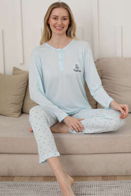 Uzun Kol Kalp Detaylı Düğmeli Pijama Takım Buz Mavisi - Pijama & Gecelik