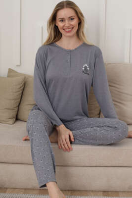 Uzun Kol Kalp Detaylı Düğmeli Pijama Takım Gri - Kadın Pijama Takımı