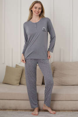 Uzun Kol Kalp Detaylı Düğmeli Pijama Takım Gri 