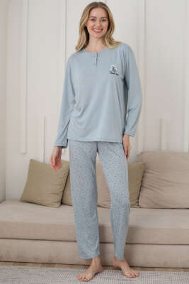 Uzun Kol Kalp Detaylı Düğmeli Pijama Takım Mint - Kadın Pijama Takımı
