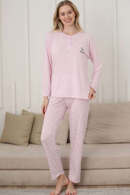 Uzun Kol Kalp Detaylı Düğmeli Pijama Takım Pembe - Kadın Pijama Takımı